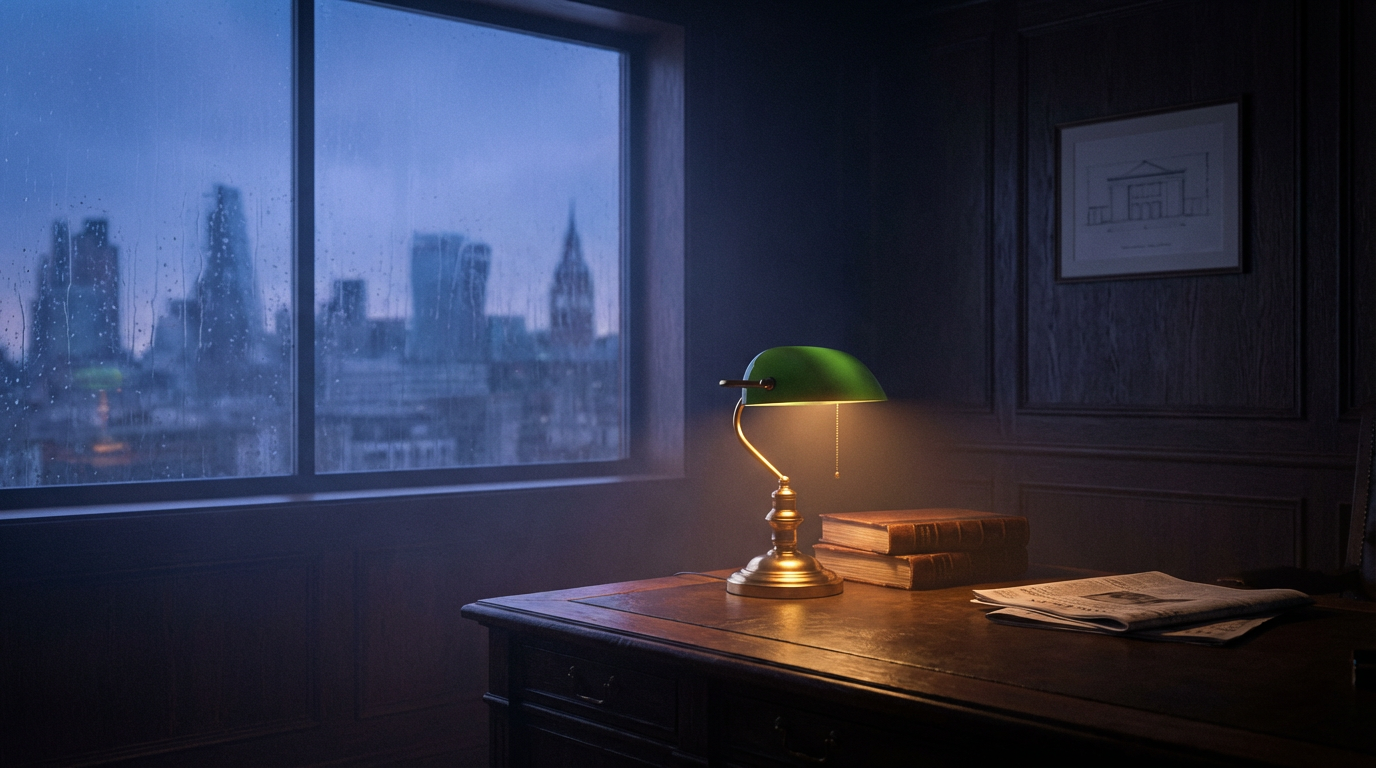 A quiet advisory firm study at dusk — brass banker's lamp, leather ledgers, window onto a blurred financial-district skyline